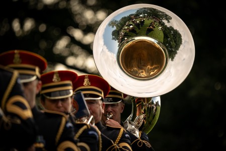 Members of the U.S. Army Band play during an arrival ceremony hosted by Air Force Gen. CQ Brown, Jr., chairman of the Joint Chiefs of Staff, for United Arab Emirates Chief of Staff of the Armed Forces Lieutenant General Eisa Saif Mohammed Al...