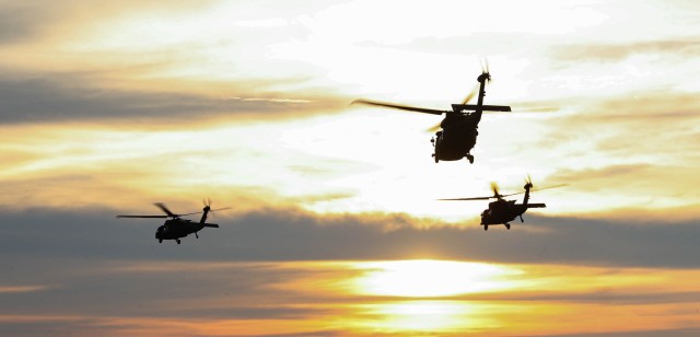 UH-60 Blackhawk Helicopters assigned to the 101st Airborne Division (Air Assault) depart the Oxford-University Airport, Miss. during forward arming and refueling point (FARP) operations on August 14, 2024.

 (U.S. Army Photo by Staff Sgt. Raymond Valdez)