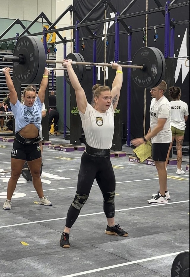 Army Capt. Katie Cunningham, a physical therapist assigned to the Warrior Fitness Team, U.S. Army Recruiting Command, Fort Knox, Kentucky, competes in the Monster Games in Joplin, Missouri, July 13, 2024. (U.S. Army courtesy photo).