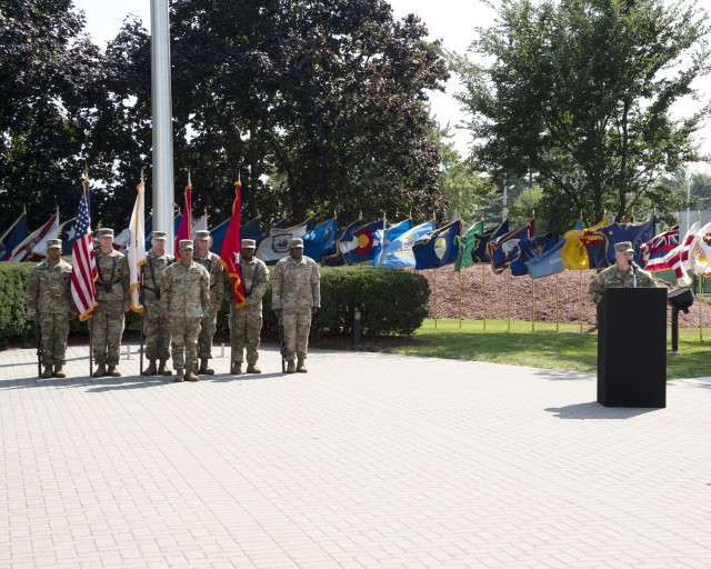 Lt. Gen. Chris Mohan, Army Materiel Command deputy commanding general and acting commander, speaks during the Aug. 27, 2024 promotion ceremony of Brig. Gen. Michael B. Lalor to the rank of major general.