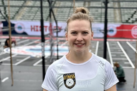 Army Capt. Katie Cunningham, a physical therapist assigned to the Warrior Fitness Team, U.S. Army Recruiting Command, Fort Knox, Kentucky, stops for a photo during the West Coast Classic for the CrossFit Games in Carson, California.