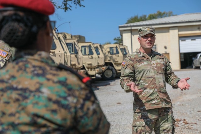 Maj. Joshua Mitchell, battalion executive officer, speaks to logistics officers from the Djiboutian Armed Forces who visited the 1792nd Combat Support Sustainment Battalion in Bowling Green, Ky., Aug. 22, 2024. The visit was part of the Department of Defense National Guard Bureau State Partnership Program.
(U.S. Army National Guard photos by Sgt. 1st Class Benjamin Crane)