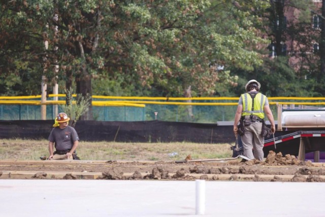 Crews work on a recreation park which includes a pavilion, two pickleball courts and a basketball court. The project is expected to be finished by November. This is among many ongoing Army construction projects at Redstone.