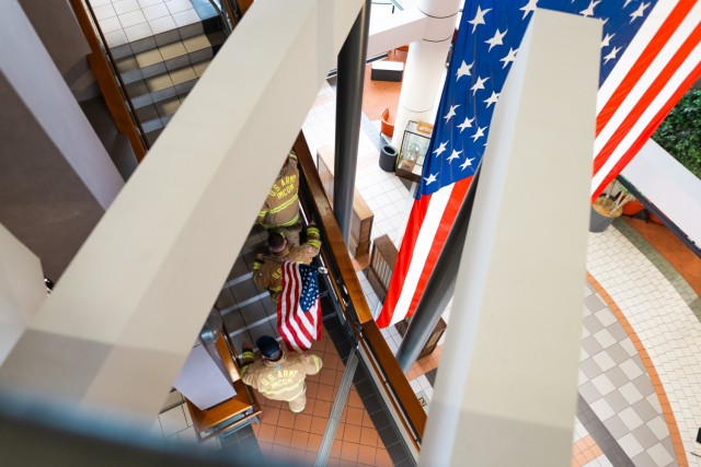 Fort Novosel firefighters participate in the 9/11 Memorial Stair Climb inside Bldg. 5700 on Fort Novosel Sept. 6, 2024.