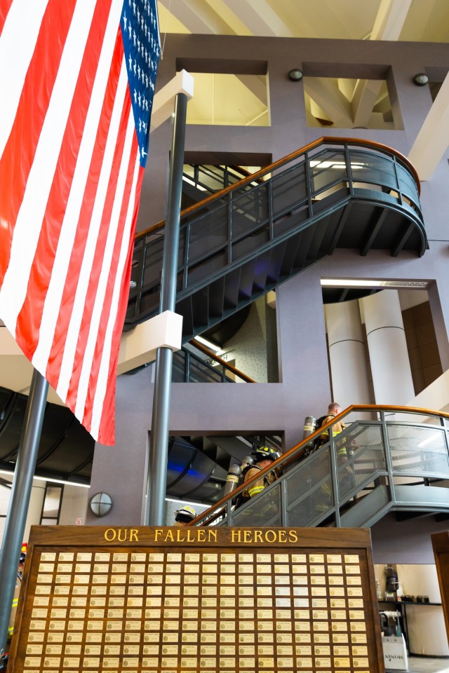 Fort Novosel firefighters participate in the 9/11 Memorial Stair Climb inside Bldg. 5700 on Fort Novosel Sept. 6, 2024.