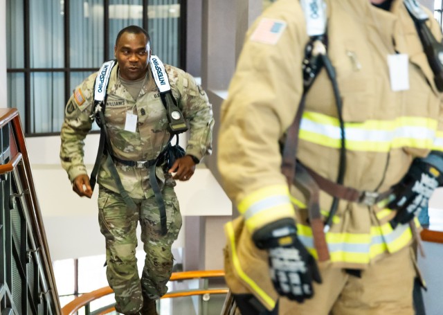 Command Sgt. Maj. Gary Williams, Fort Novosel garrison command sergeant major, participates in the 9/11 Memorial Stair Climb inside Bldg. 5700 on Fort Novosel Sept. 6, 2024.