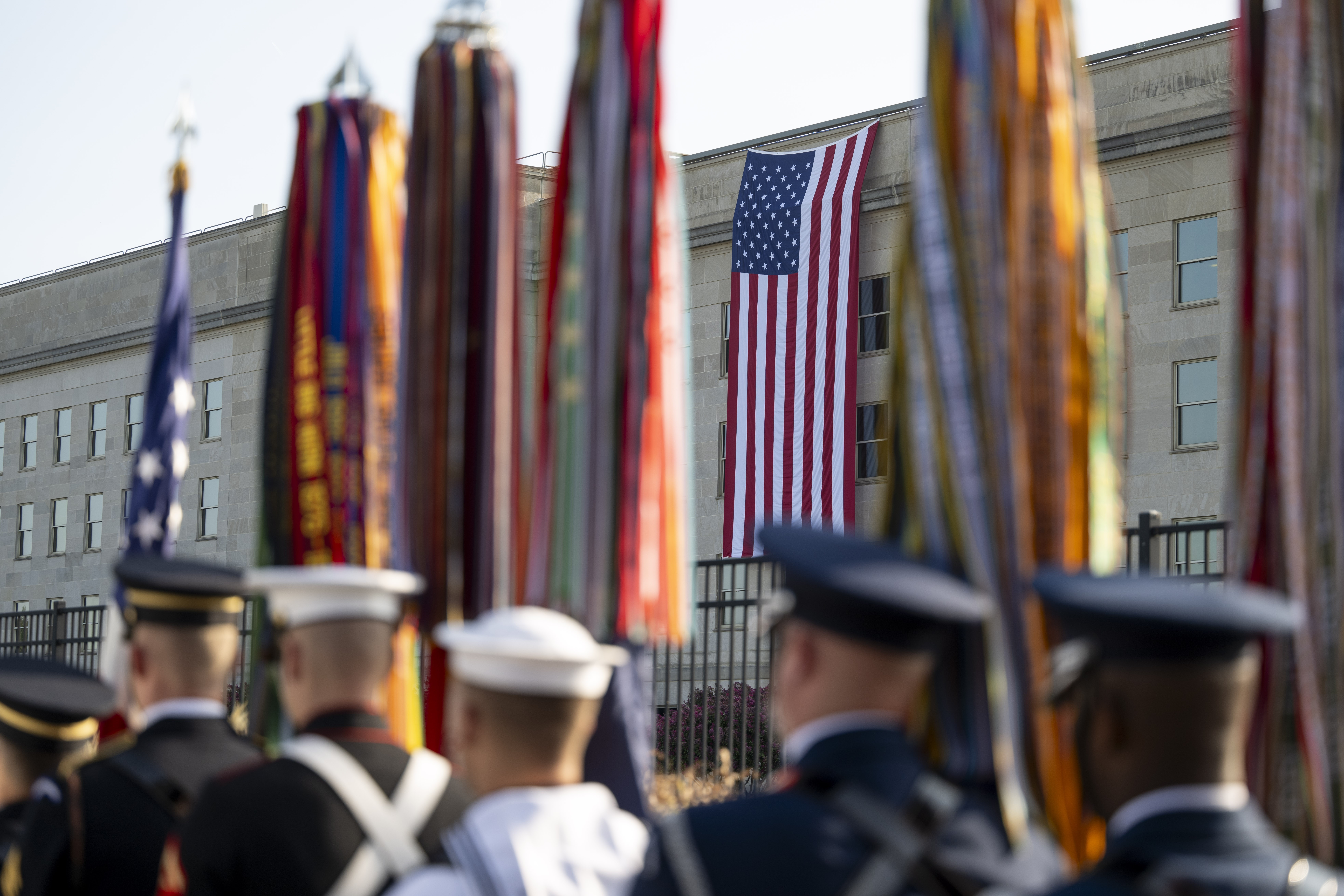 Color guardsmen stand in formation prior to the 23rd 9/11 Pentagon Observance Ceremony at the Pentagon, Washington, D.C., Sept. 11, 2024.