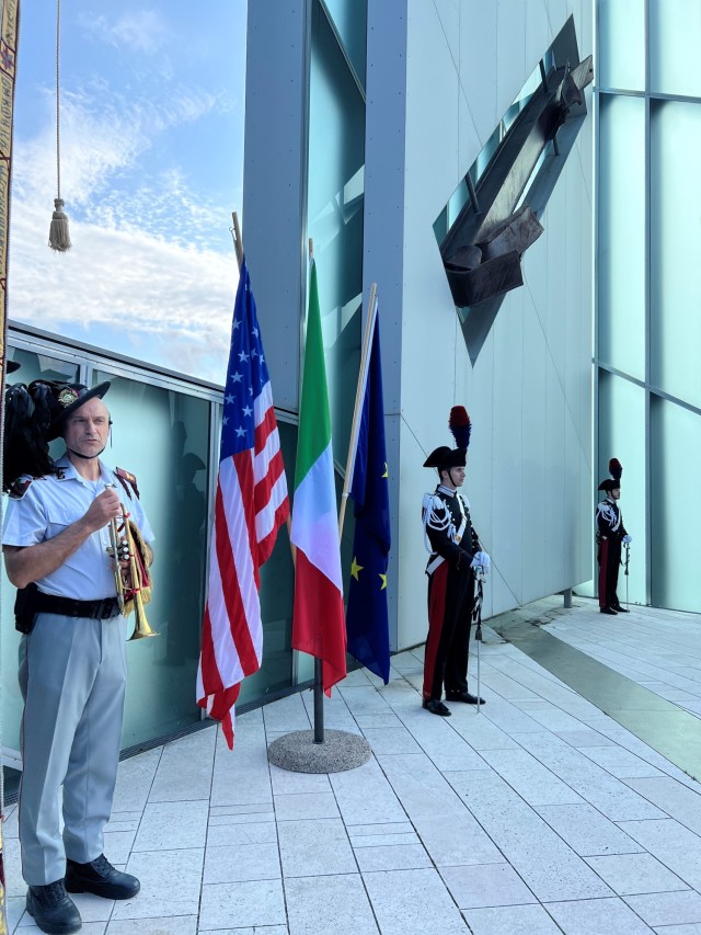 Leonard Rossi, a volunteer bugler, played the Italian version of "Taps", "il Silenzio" at the 23rd anniversary of 9/11 at the "Light and Memory" memorial in Padova, Italy on Sept. 11, 2024.