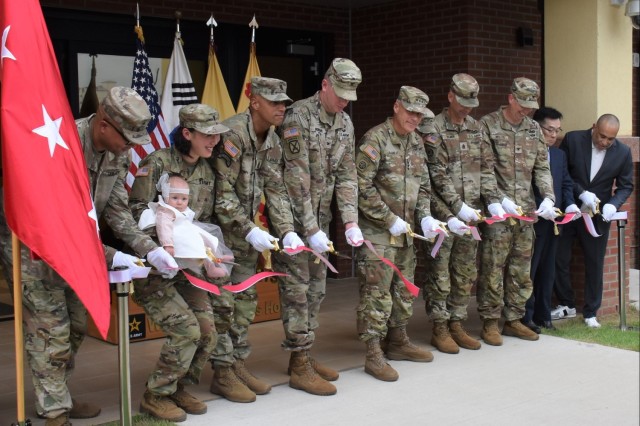 Lt. Gen. Christopher LaNeve (fifth from right), Eighth Army commander; Col. Ryan Workman (fourth from right), U.S. Army Garrison Humphreys commander; Col. Jeremiah Willis (third from right), U.S. Army Corps of Engineers – Far East District...