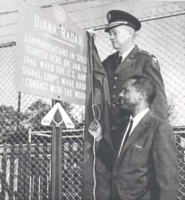 Unveiling of Diana Radar sign with Dr. McAfee and officer, where radar was first bounced off the moon.
