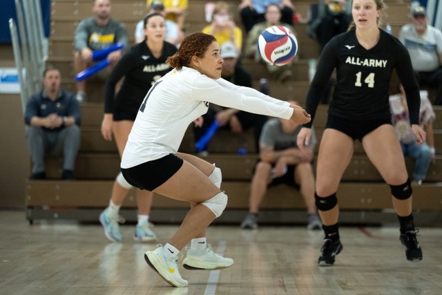 Army Libero Ileanushka Maldonado, a sergeant stationed in San Juan Puerto Rico, returns a ball during Army&#39;s match with Air Force on Sept. 13, 2024.