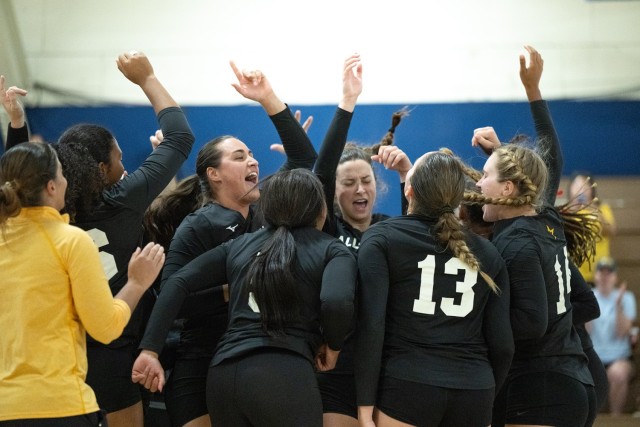 All-Army women&#39;s volleyball players celebrate winning the 2024 Armed Forces Volleyball tournament with a 3-1 victory over Air Force on Sept. 13, 2024.