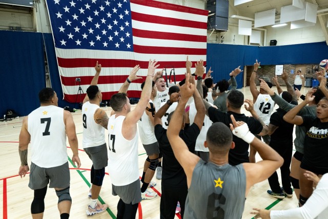 Members of the All-Army men&#39;s volleyball team celebrate their 3-1 win over the All-Air Force Team on Sept. 12, 2024 at Fort Carson, Co. 