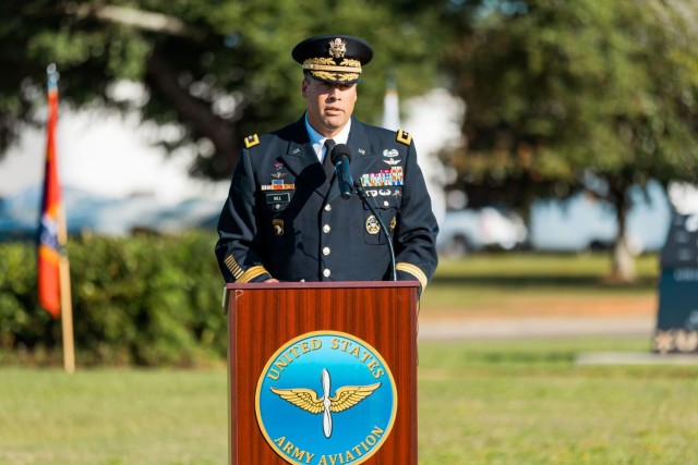 Maj. Gen. Clair A. Gill, U.S. Army Aviation Center of Excellence and Fort Novosel commander speaks at the POW/MIA Recognition Day ceremony at Veterans Park Sept 20, 2024.