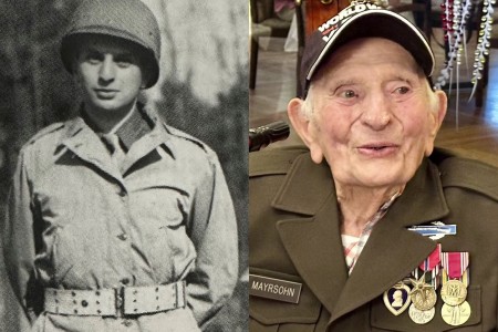 Then and now: Bernard Mayrsohn, a former U.S. Army Private First Class assigned to the 106th Infantry Division during World War II, shown during his service, and on June 14, 2024, wearing a new “Ike”-style Army Green Service Uniform jacket,...