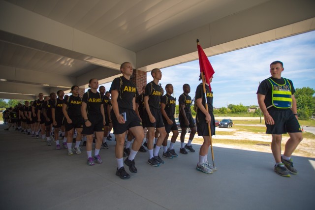 U.S. Army Drill Sergeant Staff Sgt. Prather assigned to Foxtrot, 1st Battalion, 34th Infantry Regiment marches trainees to the dining facilities administration center for the first time on the third day of Basic Combat Training, June 14, 2017 at Fort Jackson, South Carolina. Among those assigned to the 1st Battalion, 34th Infantry Regiment are Reserve Drill Sergeants from the 3rd Battalion, 518th Infantry Regiment who are required to serve two weeks for annual training.