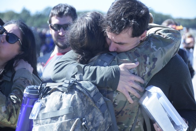 Gov. Tony Evers and senior Wisconsin Army National Guard leaders joined family and friends at a sendoff ceremony for more than 300 Soldiers Sept. 28, 2024, at Volk Field Air National Guard Base, Camp Douglas, Wis. The Soldiers, part of the 1st Battalion, 128th Infantry Regiment, the 1st Battalion, 120th Field Artillery Regiment, the 132nd Brigade Support Battalion and the 457th Chemical Company, will deploy to the U.S. Central Command in Southwest Asia and U.S. Africa Command, Horn of Africa. (Wisconsin Department of Military Affairs photo by Vaughn R. Larson)