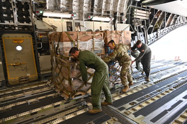 Members of the North Carolina Air National Guard transport more than 100,000 pounds of essential goods to Western North Carolina in support of humanitarian efforts following Hurricane Helene. The cargo, delivered aboard a C-17 Globemaster III,...