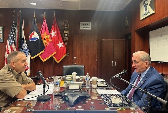 Maj. Gen. Michael B. Lalor, commanding general of TACOM, talks with retired Gen. Robert B. Brown, president of AUSA, during a recording of the &#34;In General Terms&#34; podcast.