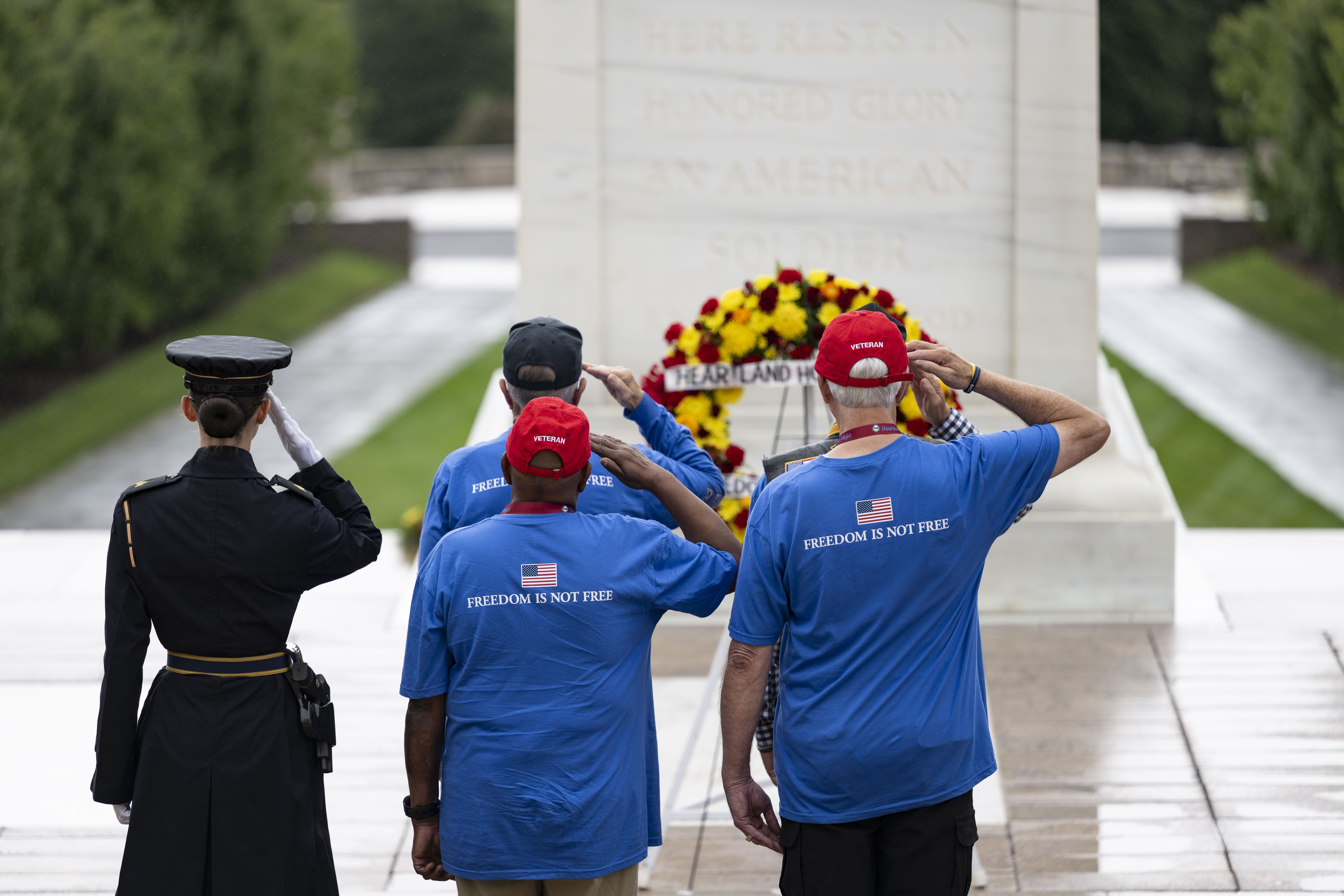 Army Medevac crew “Dustoff” veterans from the Vietnam War Daryl Duke, Robert Allen, Steven Woelk, and Randy Millican participate in a Public Wreath-Laying Ceremony at the Tomb of the Unknown Soldier at Arlington National Cemetery, Arlington,...