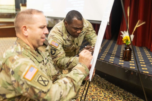 Col. John P. Miller and Command Sgt. Maj. Gary J. Williams sign the 2024 Domestic Violence Awareness Proclamation on Fort Novosel.