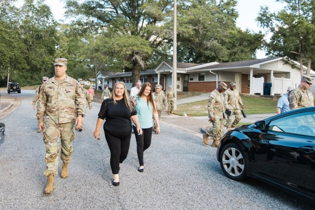 Maj. Gen. Clair A. Gill, U.S. Army Aviation Center of Excellence and Fort Novosel commander, conducts a walking town hall in Allen Heights neighborhood with various leaders from USAACE, Fort Novosel, and Corvias Oct. 2.
