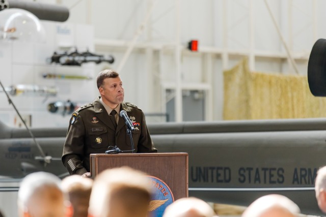 Maj. Gen. Clair A. Gill, commanding general of the United States Army Aviation Center of Excellence and Fort Novosel, welcomes the crowd to the Army Aviation Museum for the 31st anniversary of the Battle of Mogadishu Oct. 3, 2024.