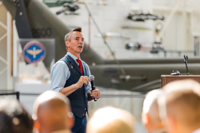 SSG (R) Keni Thomas, 3rd Ranger Battalion combat veteran, who fought in the Battle of Mogadishu, tells his story of Oct. 3, 1993, at the 31st anniversary of the Battle of Mogadishu inside the Army Aviation Museum Oct. 3, 2024.