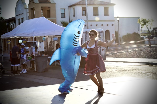 Fort Irwin Celebrates Oktoberfest 2024, a Hammerstein Band member dances a jig with &#39;Baby Shark&#39; 28 September.