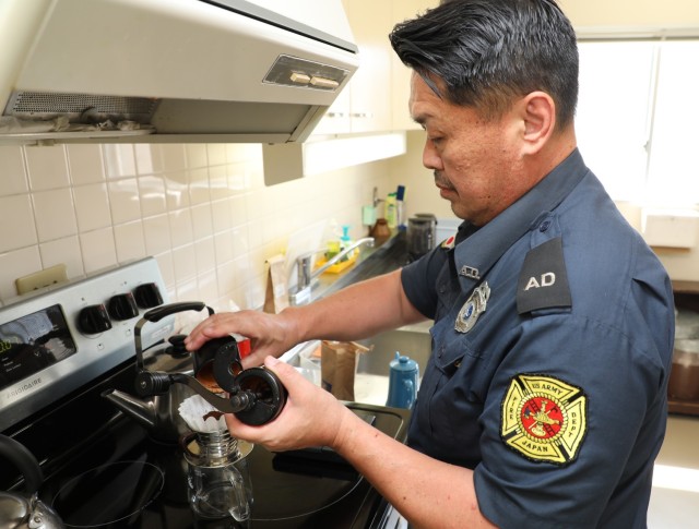 Eishin Marumoto, a U.S. Army Garrison Japan fire alarm dispatcher, makes a fresh pot of coffee inside the Akizuki Ammunition Depot fire station in Japan Sept. 5, 2024. Marumoto has a strong passion for coffee that he likes to share with his fellow...