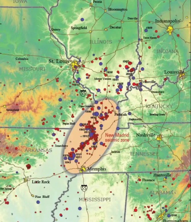 Location of earthquake epicenters in and near the New Madrid Seismic Zone