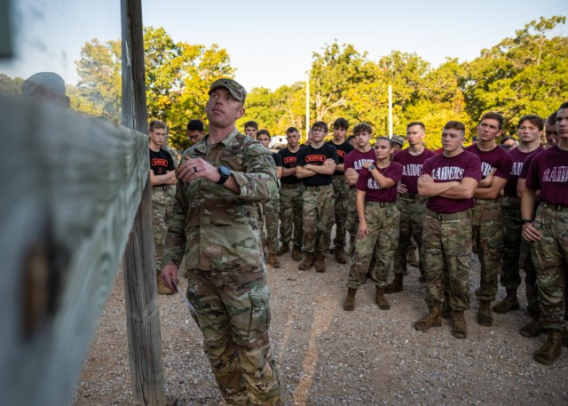 Staff Sgt. Scott O’Neill, a drill sergeant with the 31st Engineer Battalion, briefs cadets prior to the start of the Physical Endurance Course event during the Waynesville Junior ROTC Survival of the Fittest Raider Challenge Competition held...