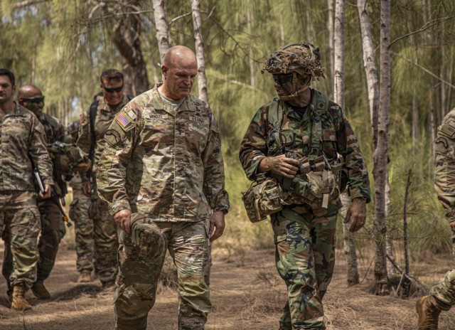 U.S Army Soldiers assigned to the 25th Infantry Division and 196th Infantry Brigade, host Vice Chief of Staff of the Army Gen. James J. Mingus during JPMRC 25-01 on Schofield Barracks, Hawaii, Oct. 5, 2024. The Joint Pacific Multinational...