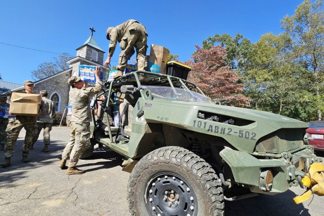 Soldiers load supplies for the community in the wake of Hurricane Helene in western North Carolina, Oct. 8, 2024.