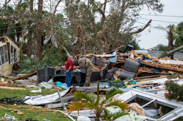 U.S. Soldiers assigned to Alpha Company, 1st Battalion, 124th Infantry Regiment, 53rd Infantry Brigade Combat Team, deliver water, meals and non-perishable goods to senior citizens in the Spanish Lake community in Port St. Lucie, Florida, Oct. 11, 2024. The state of Florida established point of distribution centers throughout Florida and deployed logistic staging areas to ensure supplies are available to those in need.