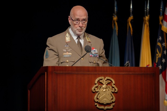 Major General Tamas Sandor, Service Inspector Special Operations, Hungarian Armed Forces, and first Hungarian, speaks at the International Hall of Fame induction ceremony Oct. 11, 2024. l