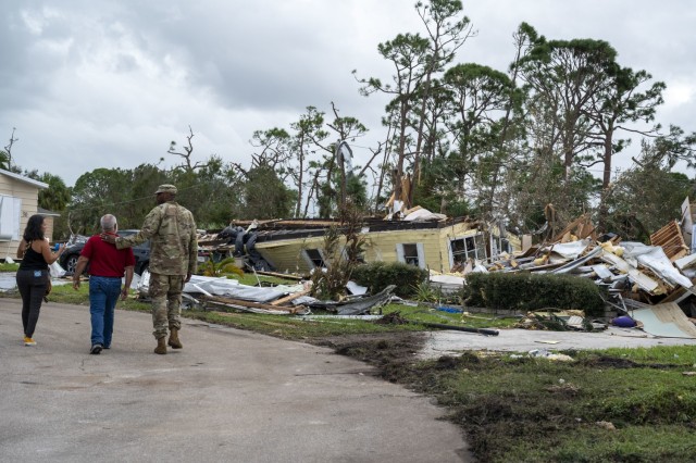 U.S. Soldiers assigned to Alpha Company, 1st Battalion, 124th Infantry Regiment, 53rd Infantry Brigade Combat Team, deliver water, meals and non-perishable goods to senior citizens in the Spanish Lake community in Port St. Lucie, Florida, Oct. 11, 2024.
(U.S. Air National Guard photo by Tech Sgt. Chelsea Smith)