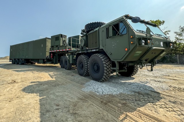 Mid-Range Capability (MRC) Launcher from Charlie Battery (MRC), 5th Battalion, 3rd Field Artillery Regiment (Long Range Fires Battalion), 1st Multi-Domain Task Force arrives as part of the capability’s first deployment into theater on Northern Luzon, Philippines, April 8, 2024. The MRC deployment aims to enhance Philippine maritime defense capabilities, while bolstering interoperability and readiness within the US-Philippine Alliance.