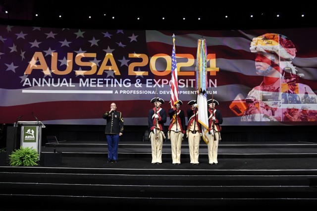 U.S. Army Old Guard members performed during the Opening Ceremony for the AUSA 2024 Annual Meeting and Exposition in the Ballroom of Walter E. Washington Convention Center in Washington, D.C. Oct. 14, 2024. 