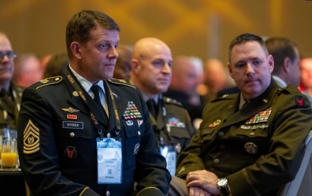 Soldiers listen to guest speakers during the MG Robert G. Moorhead National Guard and Army Reserve Breakfast at Marriott Marquis, Washington, D.C.