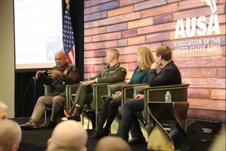 Gen. Darryl Williams (left), commanding general of US Army Europe and Africa, explains the focus of NATO convergence efforts: &#34;We are about warfighting in US Army Europe and Africa,&#34; Williams said. He was joined on the panel by (from left...