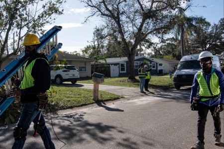 The U.S. Army Corps of Engineers (USACE) Operation Blue Roof Program contractors install first blue roof at a record-setting pace, one-week post-storm and one day after the issuance of the notice to proceed, in the wake of the aftermath of...