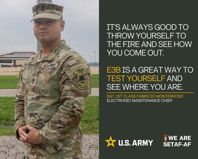 Sgt. 1st Class Fabricio Monterroso, electronic maintenance chief, U.S. Army Southern European Task Force, Africa, poses for a photo at Caserma Del Din, Vicenza, Italy, Oct. 9, 2024.