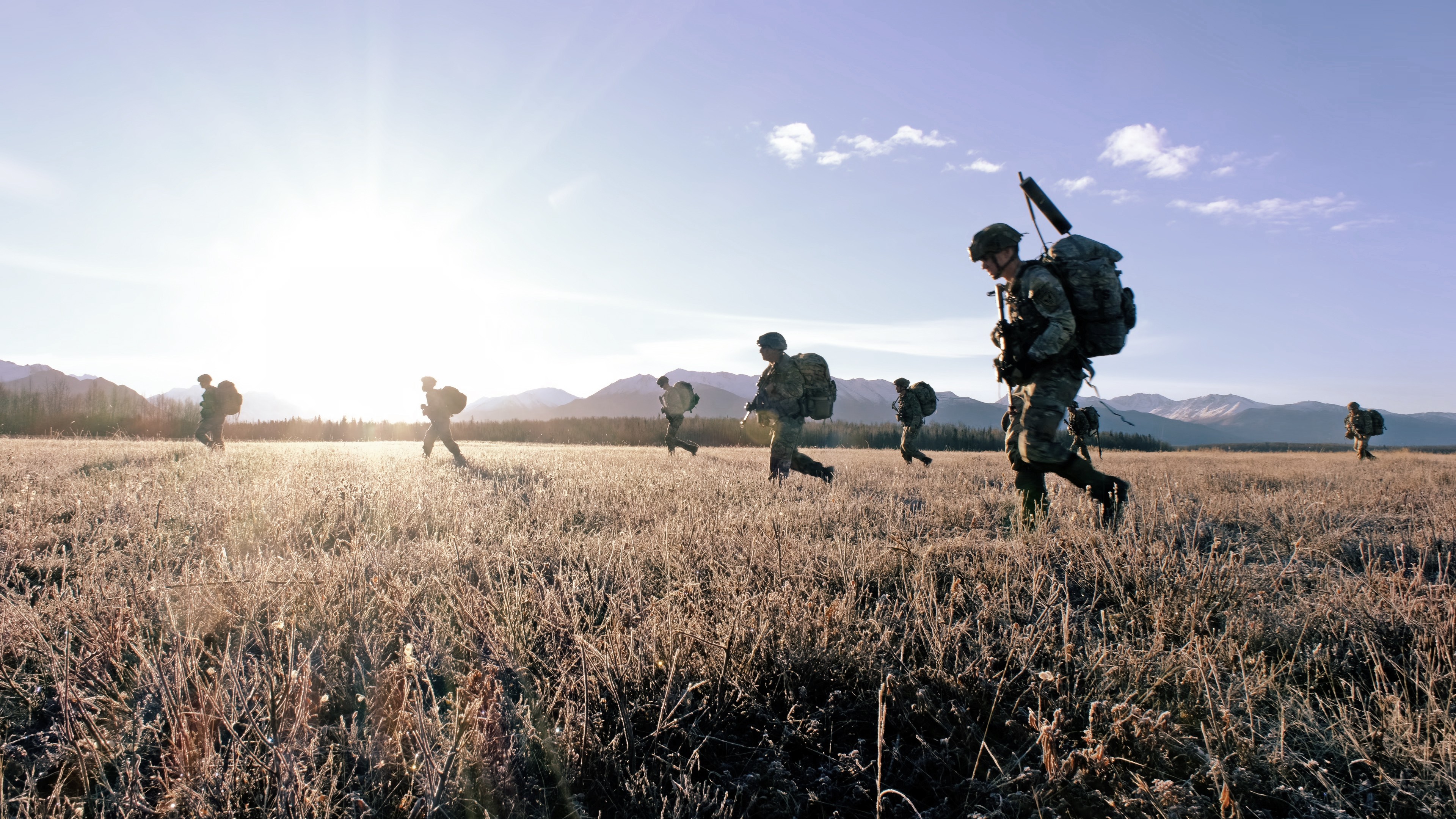 U.S. Army Soldiers assigned to 2nd Infantry Brigade Combat Team (Airborne), 11th Airborne Division, moves towards their objective on Malamute Drop Zone in Joint Base Elmendorf-Richardson, Alaska for Arctic Aloha Oct. 15, 2024. Whether working in...