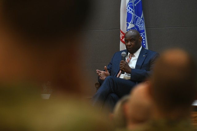 Kenneth McNeill, the chief information officer with the National Guard Bureau, responds to a question during a panel discussion on cybersecurity at the Herbert R. Temple Army National Guard Readiness Center, Arlington Hall Station in Arlington, Virginia, Oct. 16, 2024. The panel included cyber officials from throughout the Department of Defense and Department of Homeland Security and was held as part of Cybersecurity Awareness Month. (U.S. Army photo by Sgt. 1st Class Jon Soucy)