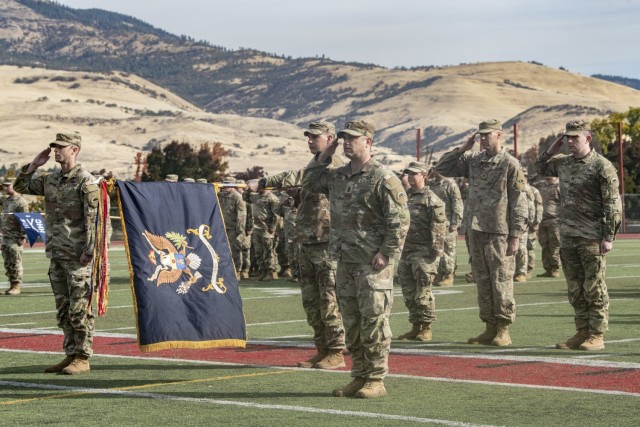 Oregon Army National Guard Soldiers assigned to the 1st Battalion, 186th Infantry Regiment, take part in their formal mobilization ceremony Oct. 20, 2024, at Southern Oregon University in Ashland. The 1-168th Infantry Regiment is deploying to the Sinai Peninsula of Egypt for a peacekeeping mission. 