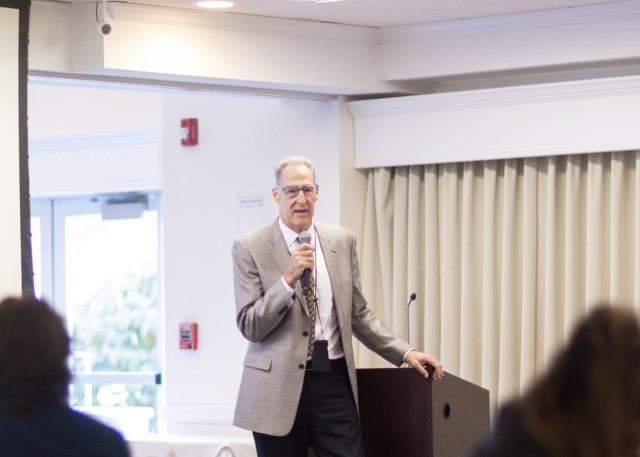 PICATINNY ARSENAL, N.J. - David Rogers, Systems Integration Department Head, with the Naval Surface Warfare Center, Indian Head Division, Picatinny Detachment, speaks to the LEAD Morris Class of 2025.