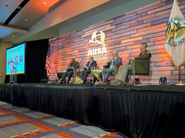 Members of the Security Cooperation Committee, including Brigadier General of the U.S. Army Security Assistance Command. General Allen J. Pepper (far right), during the AUSA Annual Meeting and Expo at the Walter E. Washington Convention Center in Washington, D.C.,...