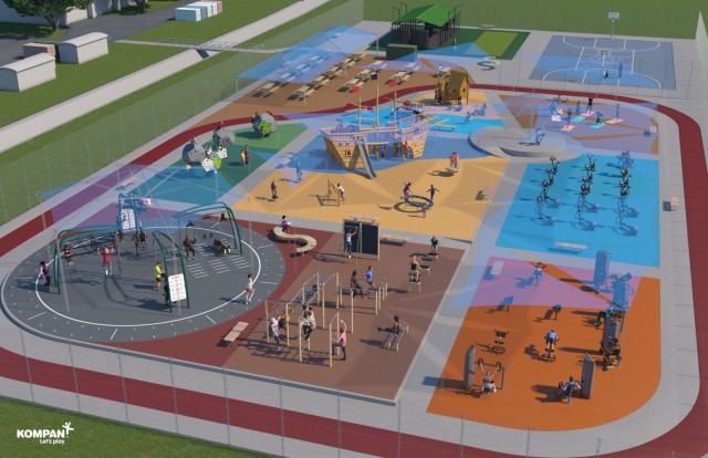 A graphic depicts an outdoor fitness park to be constructed. 