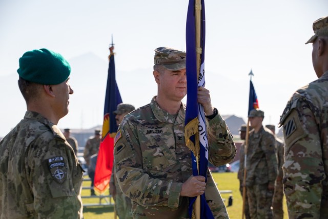 Brig. Gen. Cahit Irican , deputy commander of the NATO-led Kosovo Force mission, presided over the ceremony of the Transfer of Authority of KFOR Regional Command East at Camp Bondsteel, Kosovo, Oct. 22, 2024. Col. Jason Baker, commander of 48th Infantry Brigade Combat Team, Georgia Army National Guard, relinquished command of KFOR RC-E to Col. Peter D. Helzer, commander of the 41st Infantry Brigade Combat Team Oregon Army National Guard. (U.S. Army National Guard photo by Sgt. Cheryl Madolev)